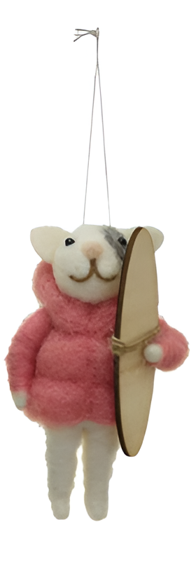 Handmade Wool Felt Animal in Winter Coat Ornament   Pink Mouse
