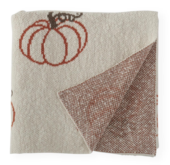 60 INCH CREAM COTTON KNIT THROW BLANKET W/ORANGE PUMPKINS