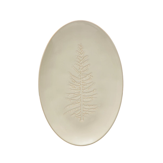 12-1/4"L x 8-1/4"W Oval Debossed Stoneware Platter w/ Tree Design, White