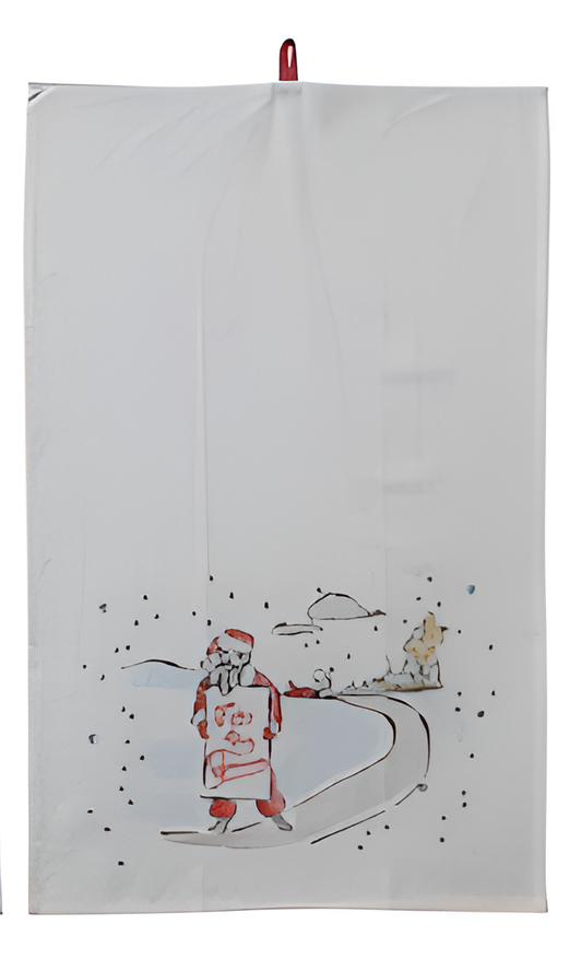 Cotton Printed Tea Towel w/ Holiday Scene/Pattern, Saying & Loop III
