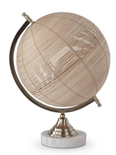 Rattan Wrapped Globes on White Marble Base - Large