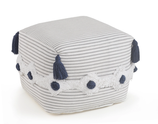 Striped Gray and Ivory Tufted Pouf Gray/Ivory/Blue
