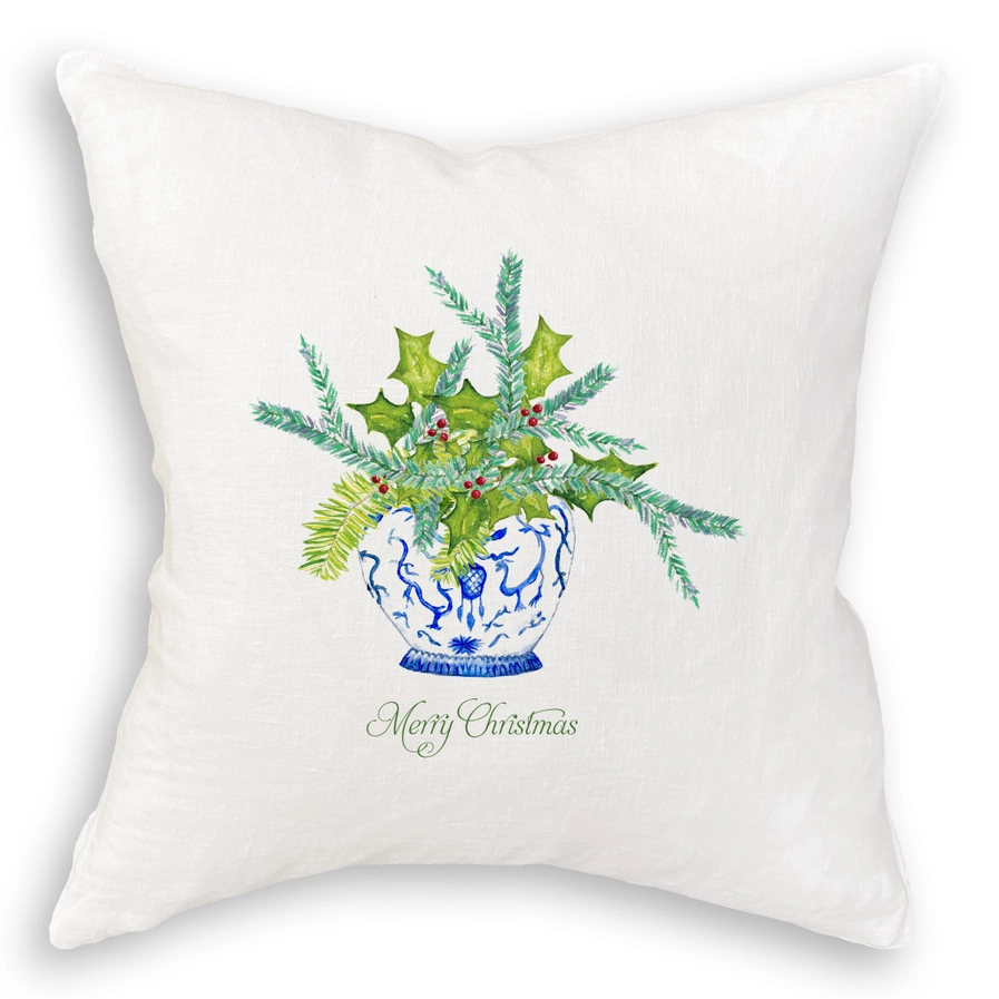 Ginger Jar with Greens and Merry Christmas White Square Pillow