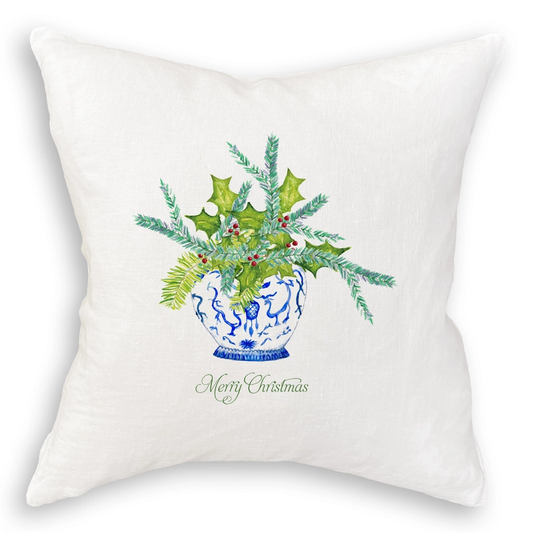 Ginger Jar with Greens and Merry Christmas White Square Pillow