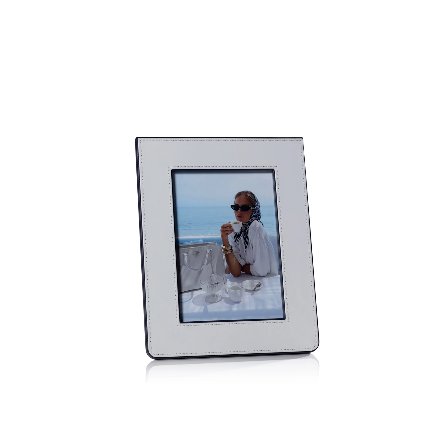 Nappa Leather Photo Frame - White and Navy - 5x7