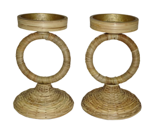 Rattan Wrapped Ring Pillar Candlestick, 8"H, 2 Piece Set, Natural