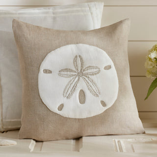 Sand Dollar Pillow, Natural Ground w/ White Applique  Linen   Porch 21"x21"
