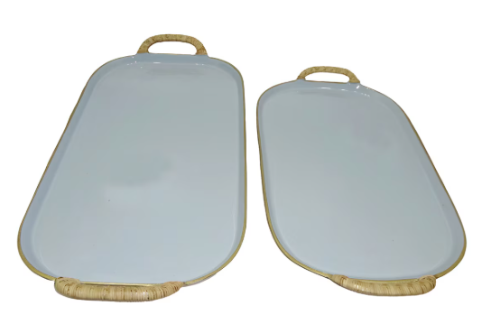 Enamel Metal Tray With Rattan Wrapped Handles - Large