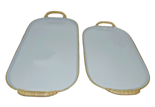 Enamel Metal Tray With Rattan Wrapped Handles - Large