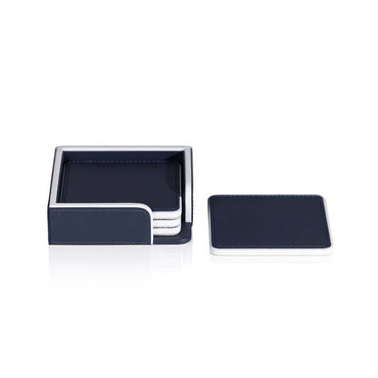 Nappa Leather Coasters on Tray - Set of 4 - Navy and White