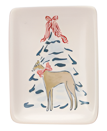 Stoneware Dish w/ Christmas Tree & Animal/Saying III