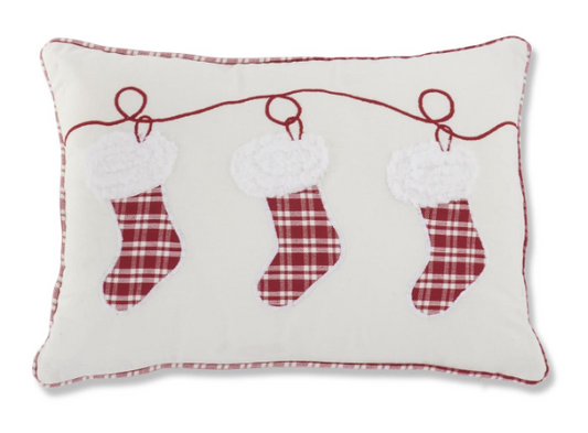 20 INCH EMBROIDERED SANTA BOOTS WHITE COTTON PILLOW W/PLAID BACKING