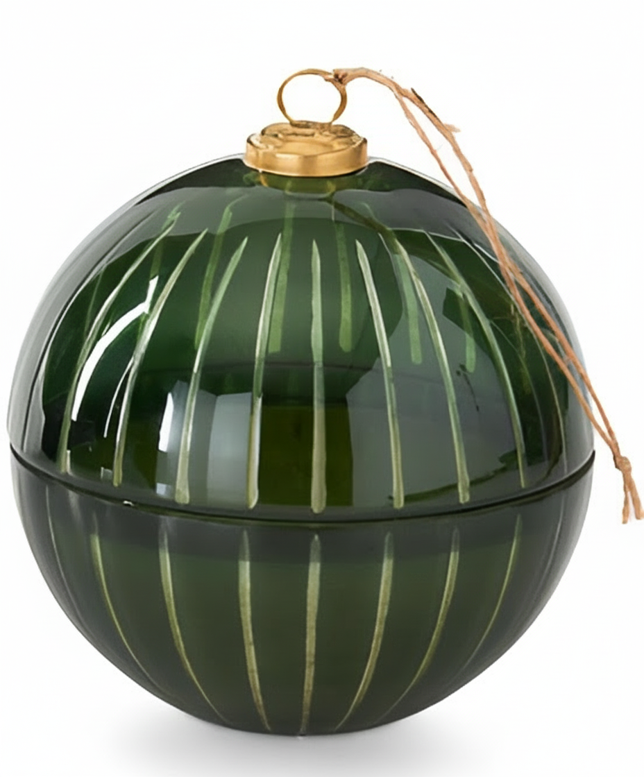7 Inch Green Etched Glass Filled Ornament Candle - Winter Wood