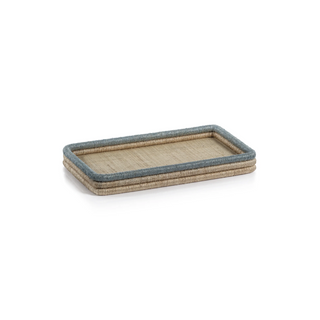 La Côte Coiled Rattan and Abaca Rectangular Serving Tray   Natural with Côte d'Azur Blue Rim
