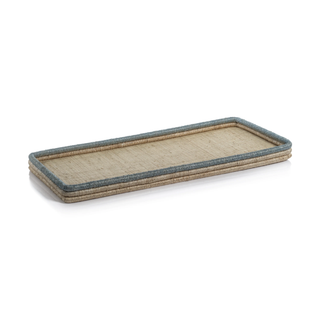 La Côte Coiled Rattan and Abaca Rectangular Serving Tray   Natural with Côte d'Azur Blue Rim
