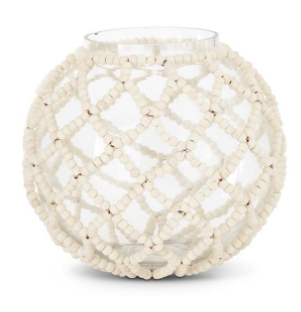 7.5 Inch Round Clear Glass Vase with Wood Bead Netting