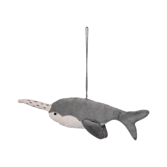 Fabric Velvet Narwhal Ornament, Grey & Cream Color