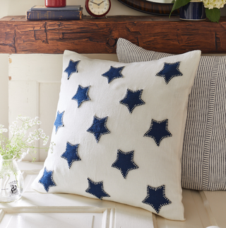 Stars Porch Pillow Embroidered Indigo Stars on White Linen 21" x 21"
