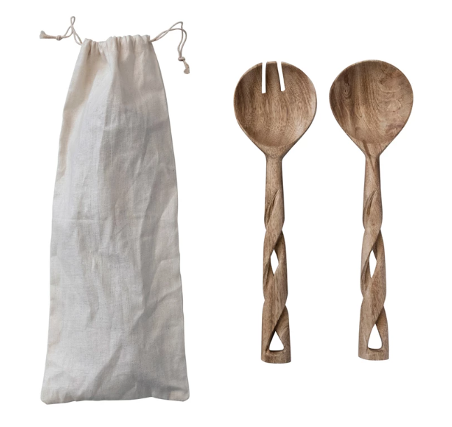 Hand-Carved Mango Wood Salad Servers w/ Twisted Handles, Set of 2 in Drawstring Bag