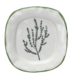 Hand-Painted Stoneware Plate w/ Vegetable/Herb & Green Rim I