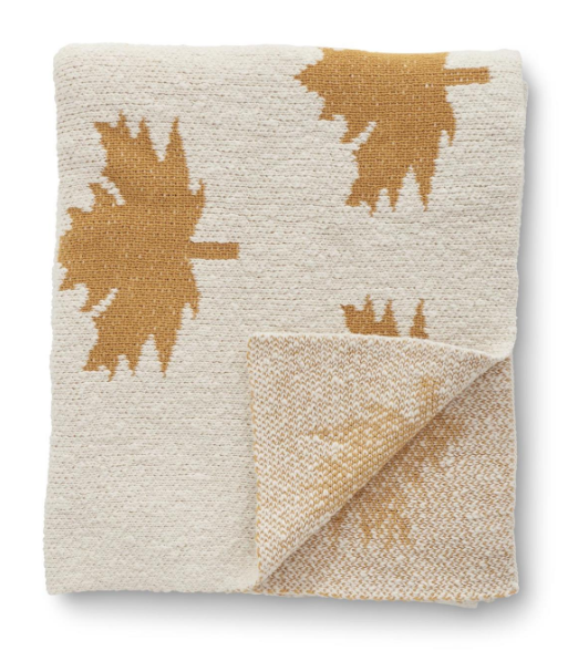 60 INCH CREAM COTTON KNIT THROW BLANKET W/YELLOW LEAVES