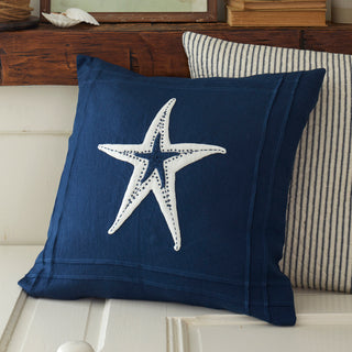 White Starfish on Indigo Linen Pillow 21" x 21"
