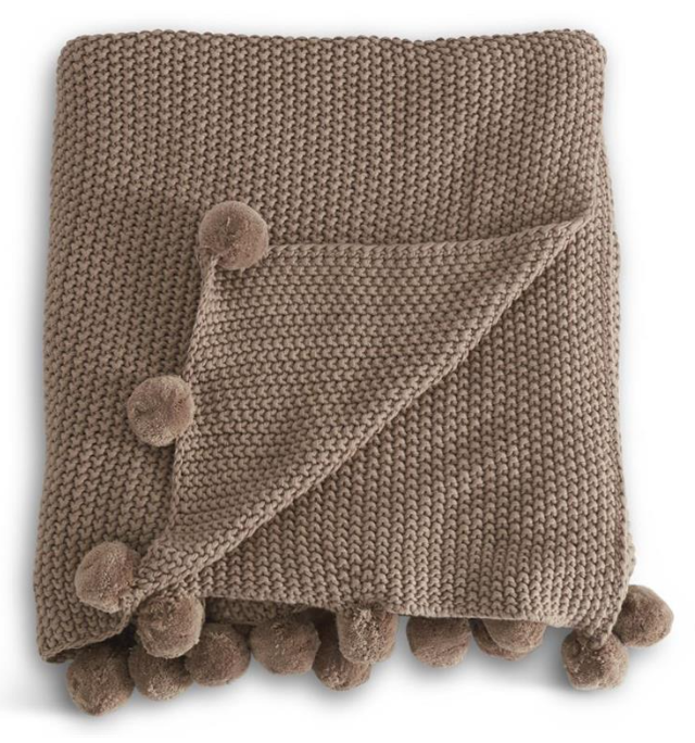 60 Inch Brown Moss Stitch Knit Throw Blanket w/Pompom Trim