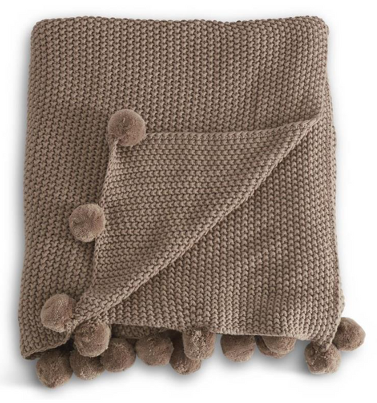 60 Inch Brown Moss Stitch Knit Throw Blanket w/Pompom Trim