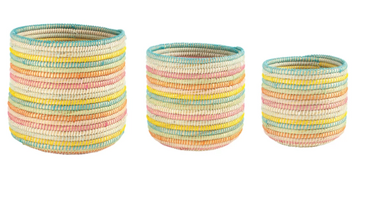 Multi Color Hand-Woven Grass Baskets, Set of 3