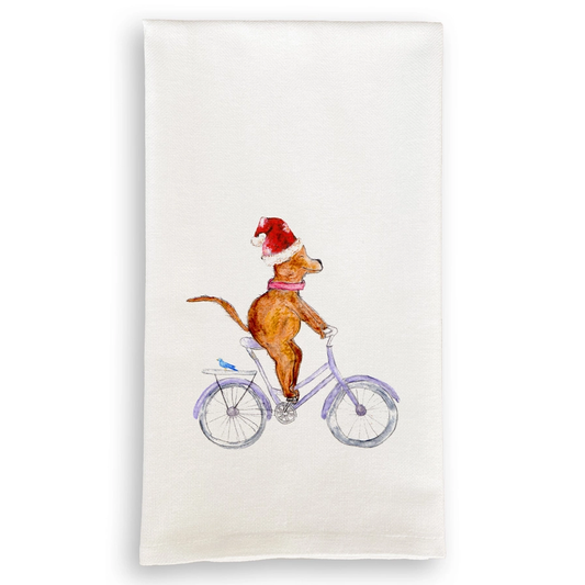 Christmas Dog on Bike Dishtowel