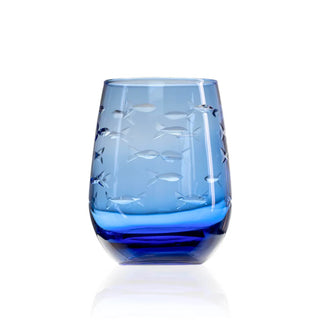 School of Fish 15oz Blue Stemless Wine Tumbler Glass | Set of 4   Online Only
