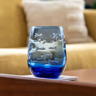 School of Fish 15oz Blue Stemless Wine Tumbler Glass | Set of 4   Online Only
