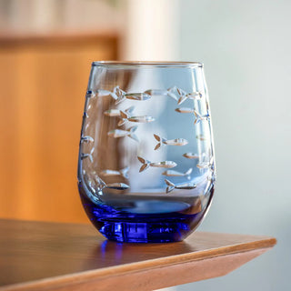 School of Fish 15oz Blue Stemless Wine Tumbler Glass | Set of 4   Online Only
