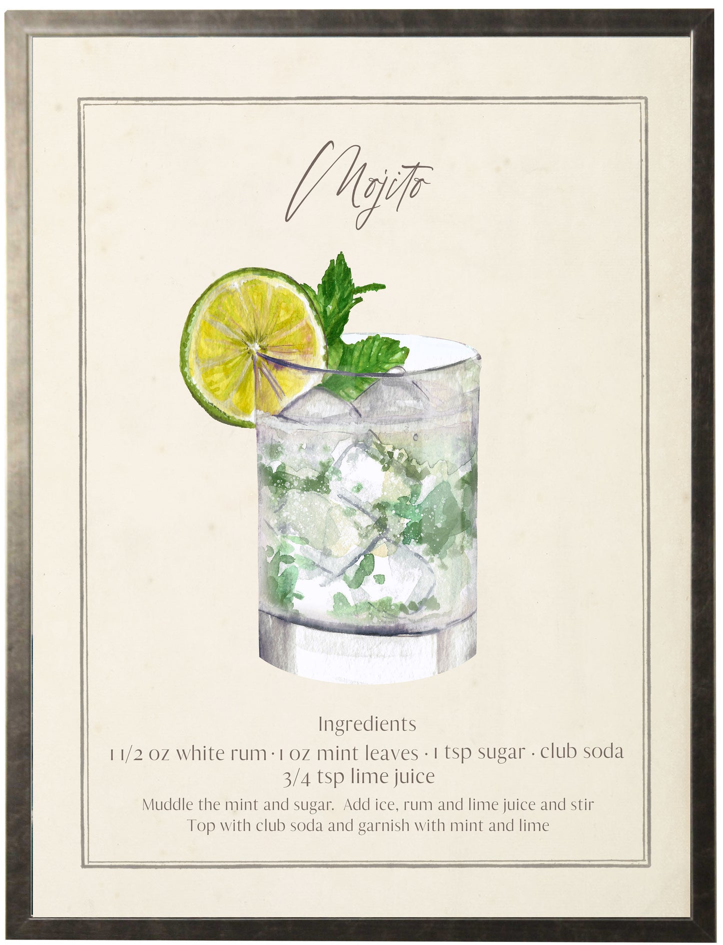 Watercolor Mojito Cocktail and Recipe 12" x 16" (84005 B)