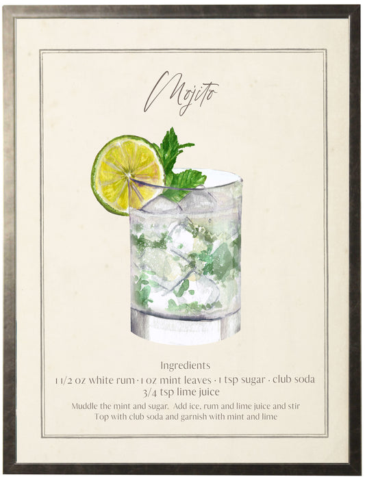 Watercolor Mojito Cocktail and Recipe 12" x 16" (84005 B)