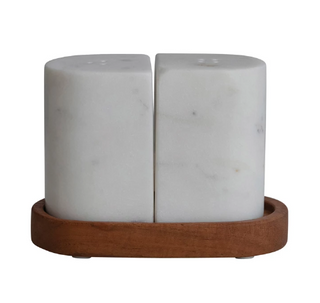Marble Salt & Pepper Shakers w/ Acacia Wood Tray, White & Natural
