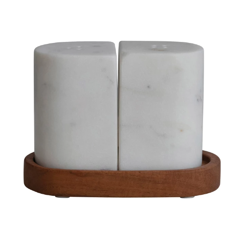 Marble Salt & Pepper Shakers w/ Acacia Wood Tray, White & Natural