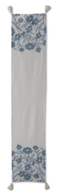 72 Inch White Linen & Blue Embroidered Floral Table Runner