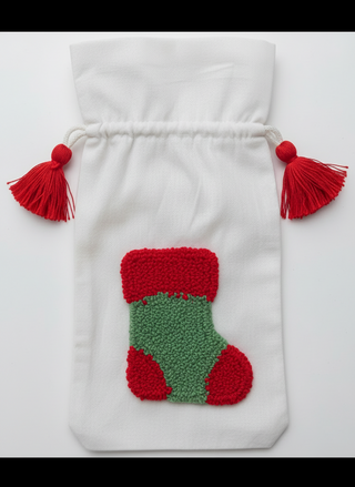Woven Drawstring Wine Bag with Tufted Holiday Icon & Tassels II   Stocking
