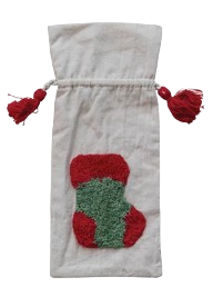 Woven Drawstring Wine Bag with Tufted Holiday Icon & Tassels II - Stocking