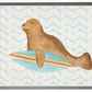 Watercolor Seal with Surfboard with Geometric Background C - Online Only