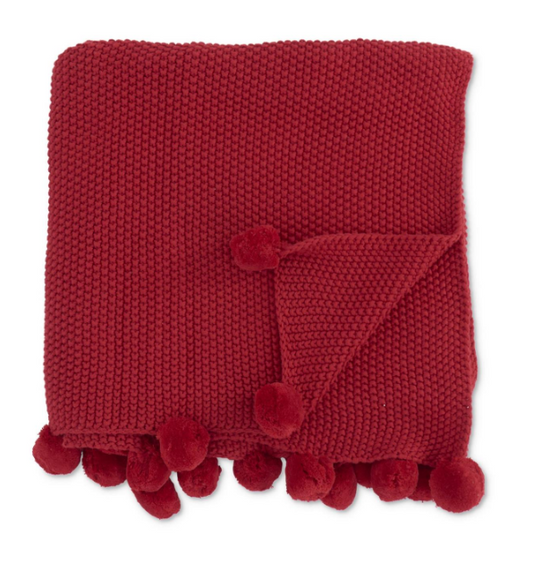 60 INCH RED MOSS STITCH KNIT THROW BLANKET W/POMPOM TRIM