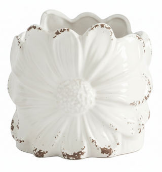 Distressed White Ceramic Sunflower Pot
