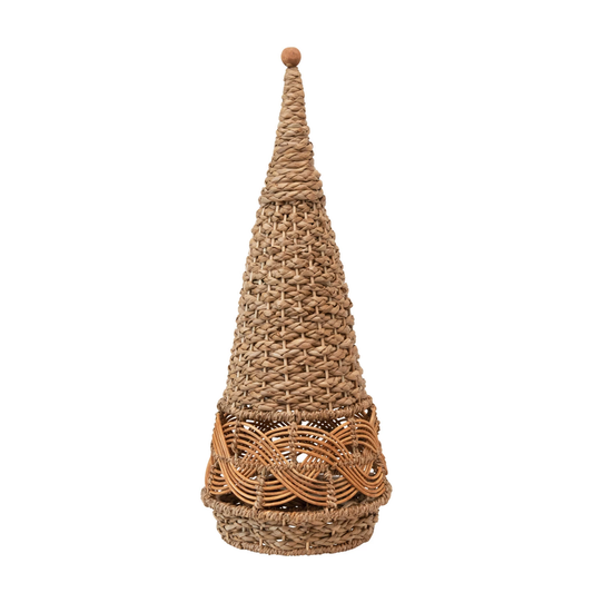 Hand-Woven Wicker Cone Tree w/ Wood Bead, Natural