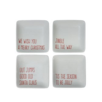 4" Square Stoneware Dish w/ Holiday Song, White w/ Red ***