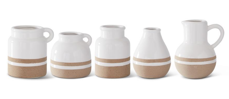 4 Inch White with Tan Stripes Ceramic Jug IV