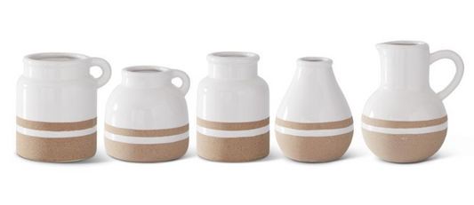 4 Inch White with Tan Stripes Ceramic Jug IV