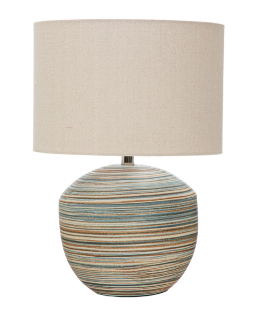 Stoneware Table Lamp w/ Stripes & Linen Shade, Sand Finish, Multi Color