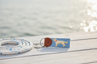 Yellow Lab Needlepoint Keychain Light Blue
