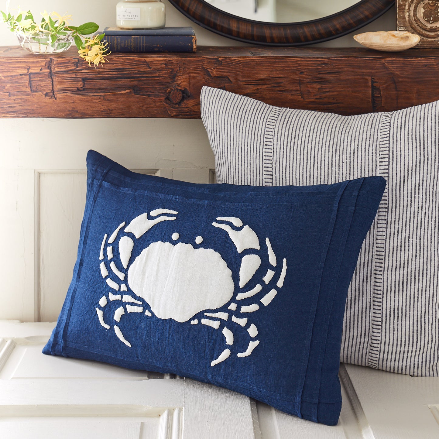 Crab Pillow, Indigo Ground w/ White Applique - Linen  Lumbar 16"x24"